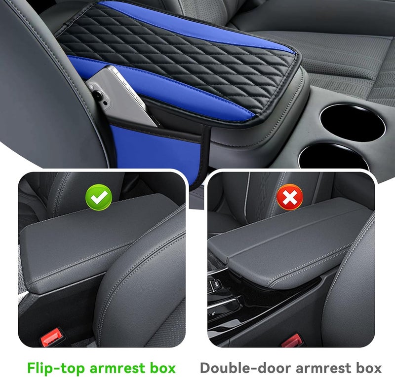Tioollev Patchwork Leather Car Center Console Cover,Microfiber Leather Vehicle Armrest Protector Cushion with 2 Storage Bags,Universal Cars Armrest Cushion for SUV, Sedan, Truck (Blue) - Image 4